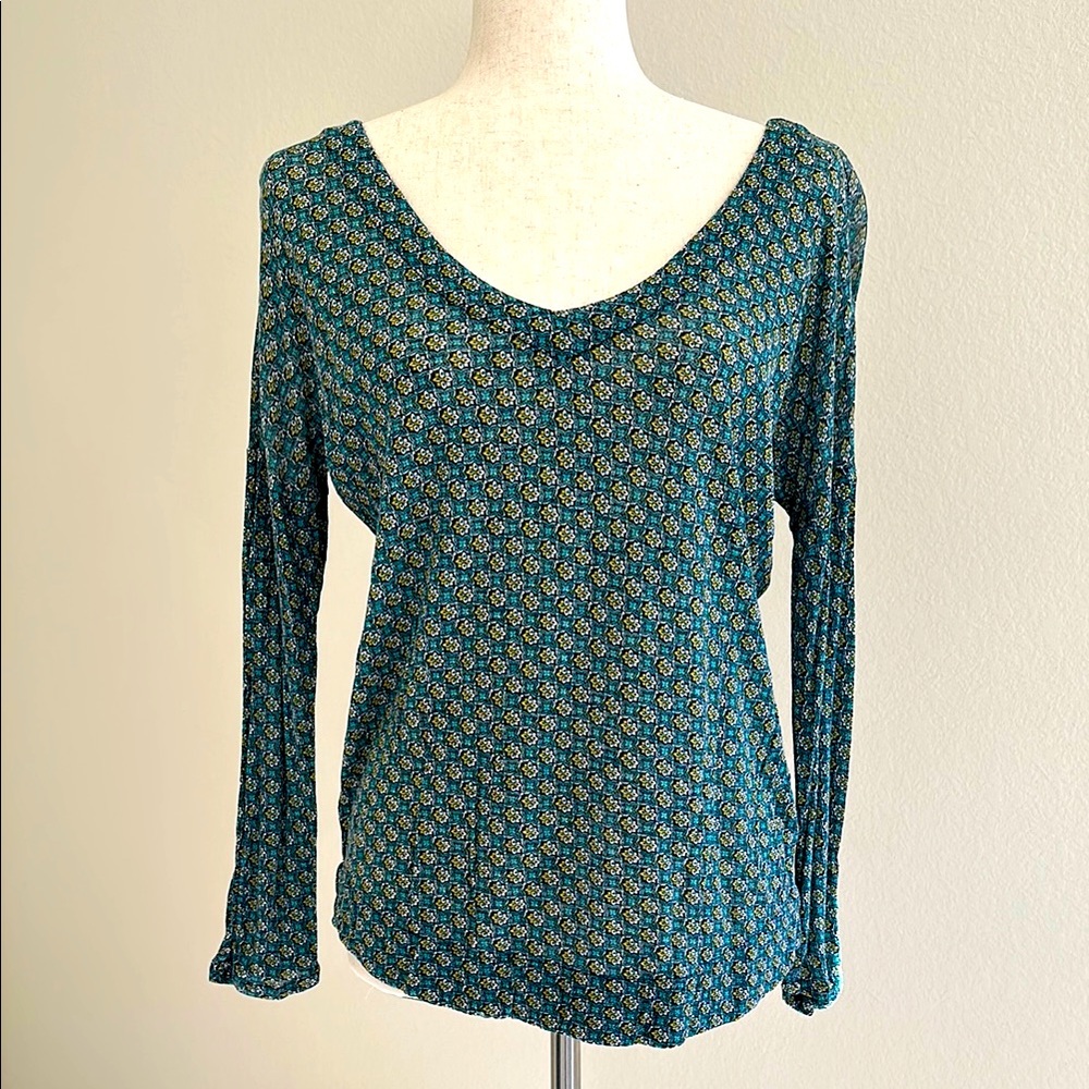 Lucky Brand Drop Shoulder Tie Back Block Print Top S